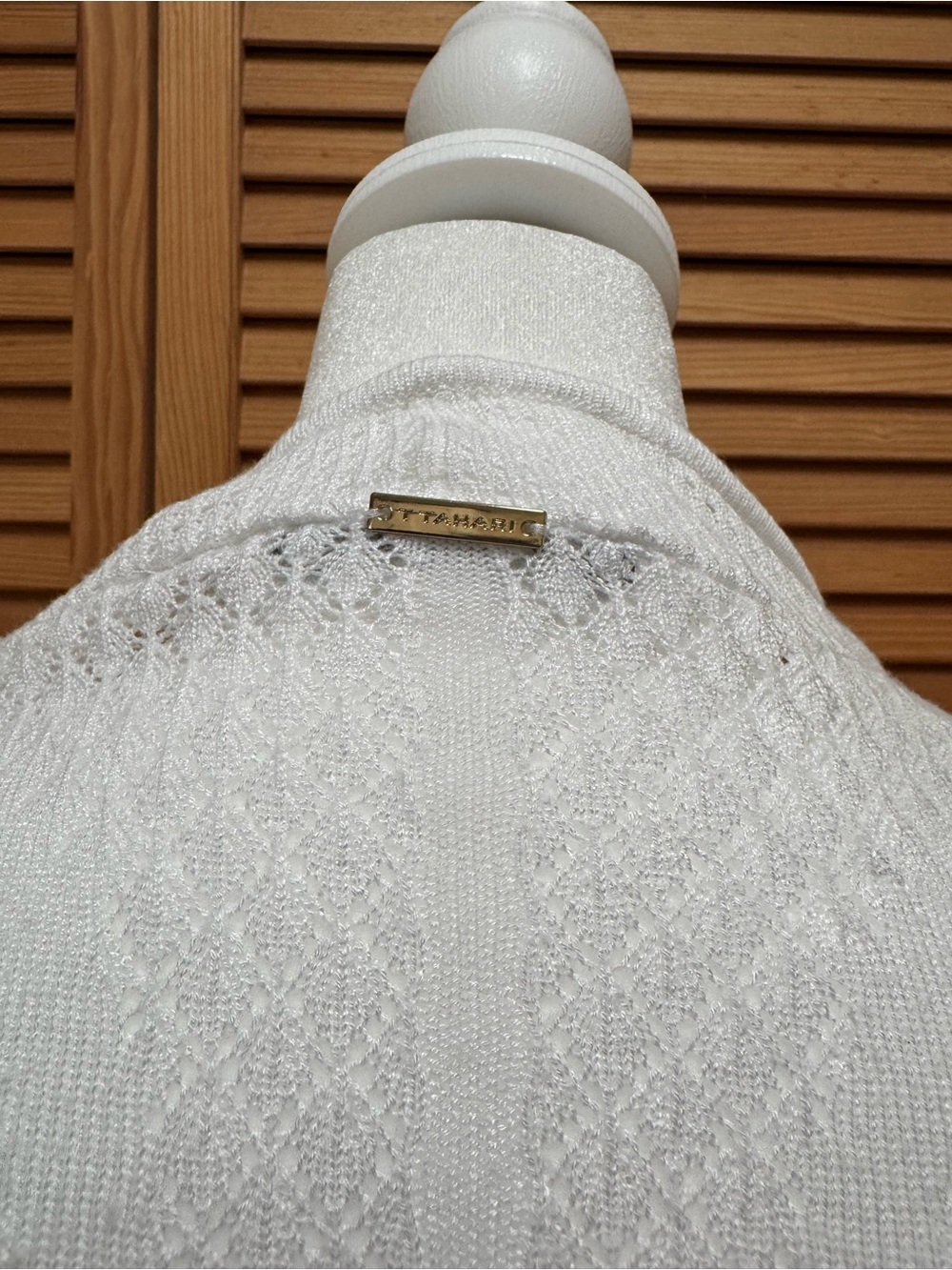 T Tahari White Pointelle Open Front Draped Waterfall Cardigan Knit Sweater L - Picture 5 of 12